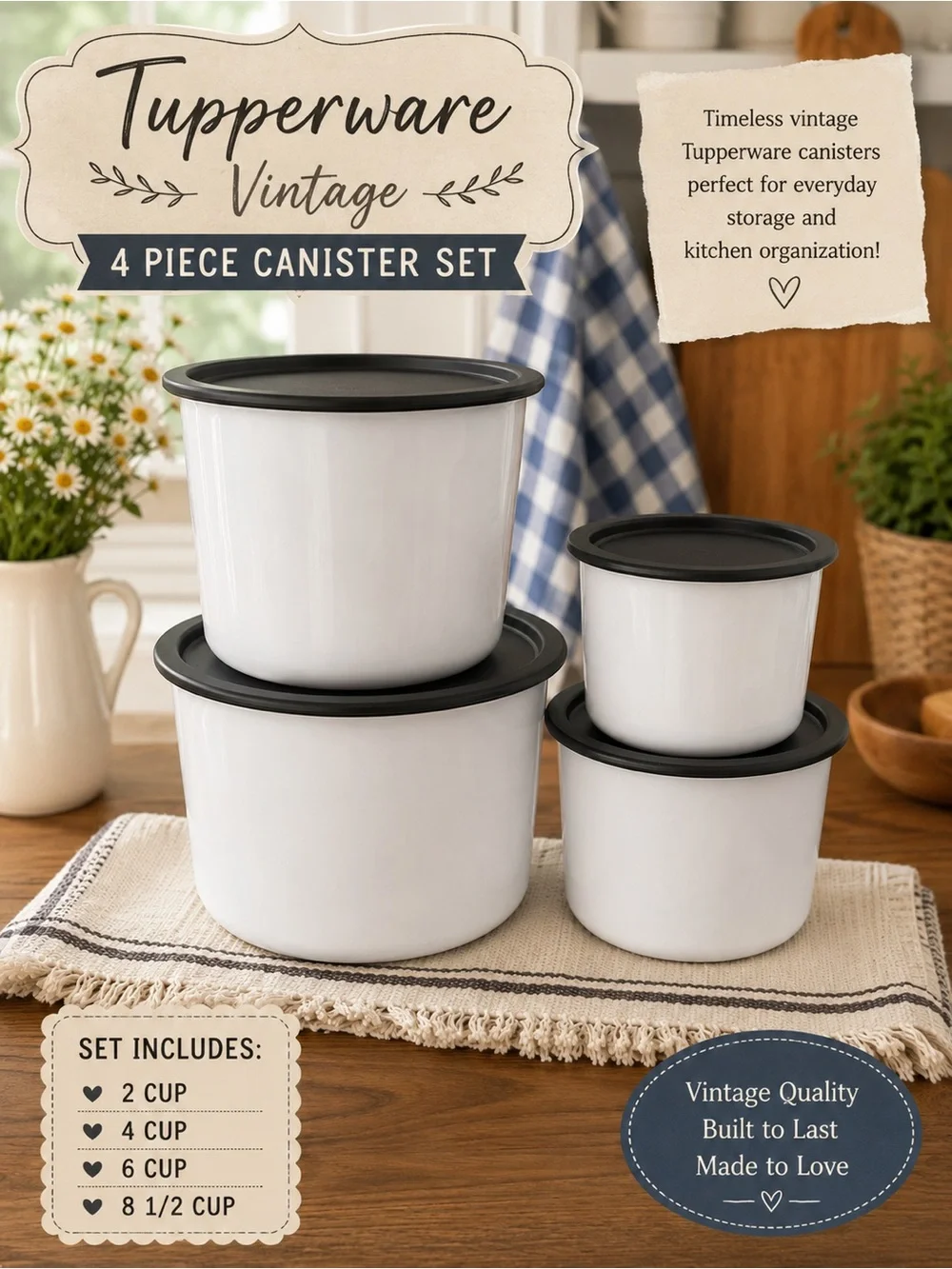 Tupperware White Canister Set with Black Lids - 4 Piece